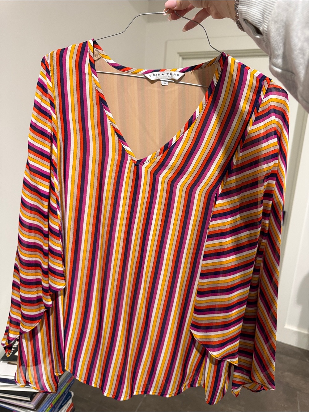 Trina Turk Multi-Color Vertical Stripe V-Neck Blouse